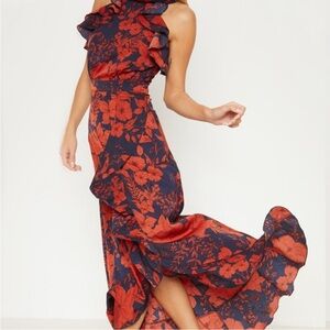 PrettyLittleThing Navy Floral Print Frill Detail Wrap Maxi Dress